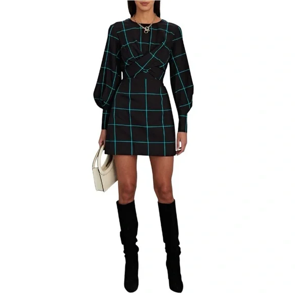 NEW Staud Black Windowpane Long Sleeve Cut Out Mini Crosshill Dress Size Large - Picture 8 of 8